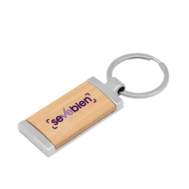 Llavero de bambú rectangular con detalles metálicos para personalizar con logo (2)