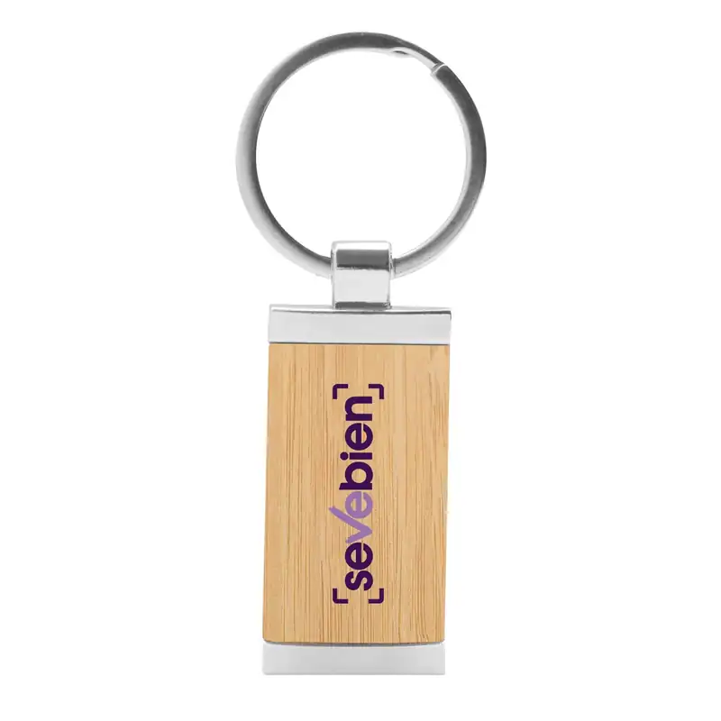 Llavero de bambú rectangular con detalles metálicos para personalizar con logo (3)