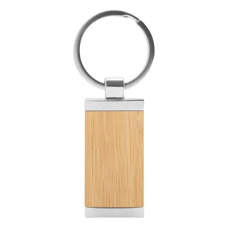 Llavero de bambú rectangular con detalles metálicos para personalizar con logo (4)
