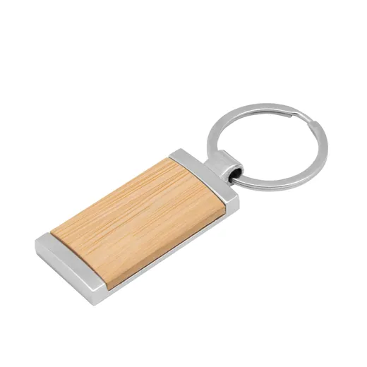 Llavero de bambú rectangular con detalles metálicos