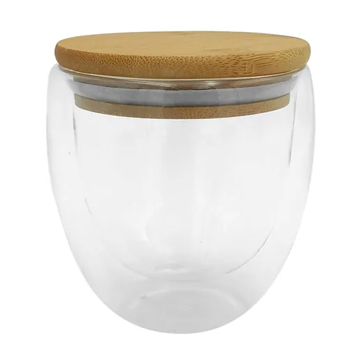 Taza de doble vidrio con tapa de bambú