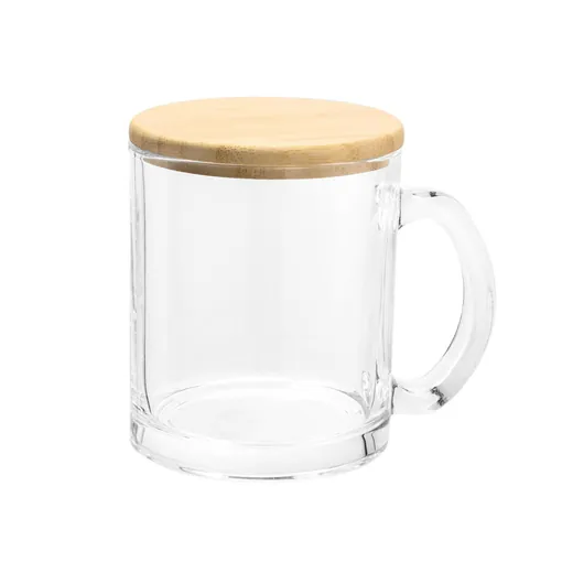Taza de vidrio con tapa de bambú