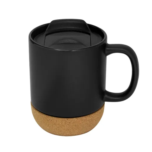 Taza negra mate con tapa y base de corcho