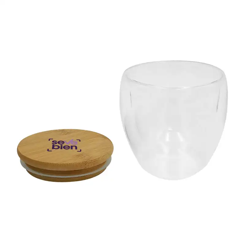 Taza de doble vidrio con tapa de bambú para personalizar con logo (2)