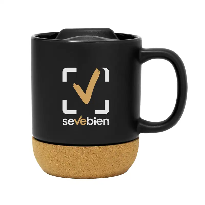 Taza negra mate con tapa y base de corcho para personalizar con logo (2)