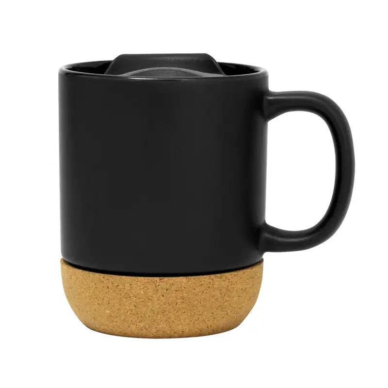 Taza negra mate con tapa y base de corcho para personalizar con logo (3)