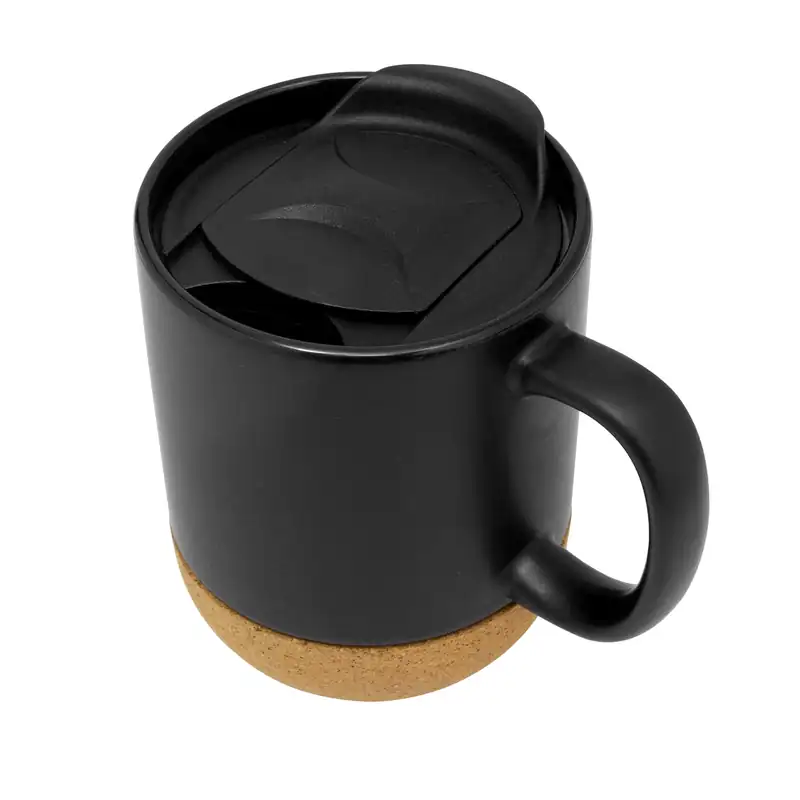 Taza negra mate con tapa y base de corcho para personalizar con logo (4)