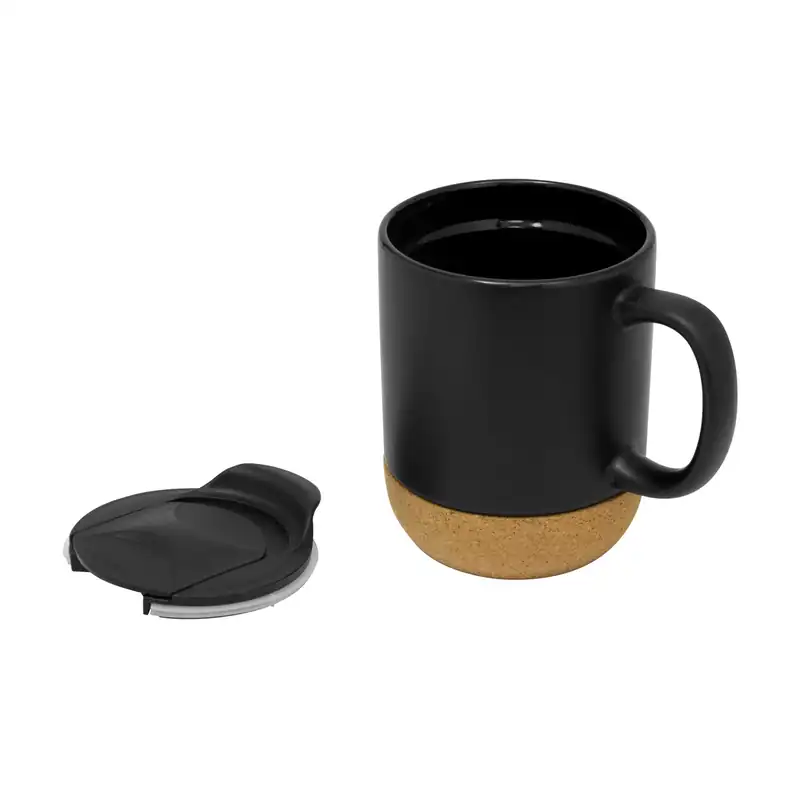 Taza negra mate con tapa y base de corcho para personalizar con logo (5)
