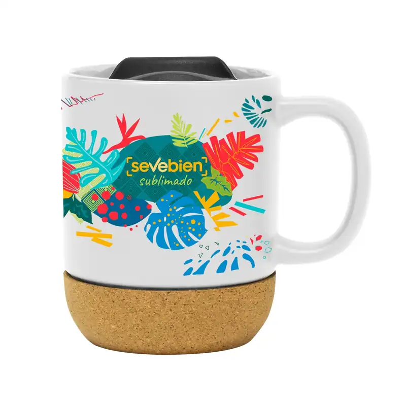 Taza sublimable blanca con tapa y base de corcho para personalizar con logo (2)
