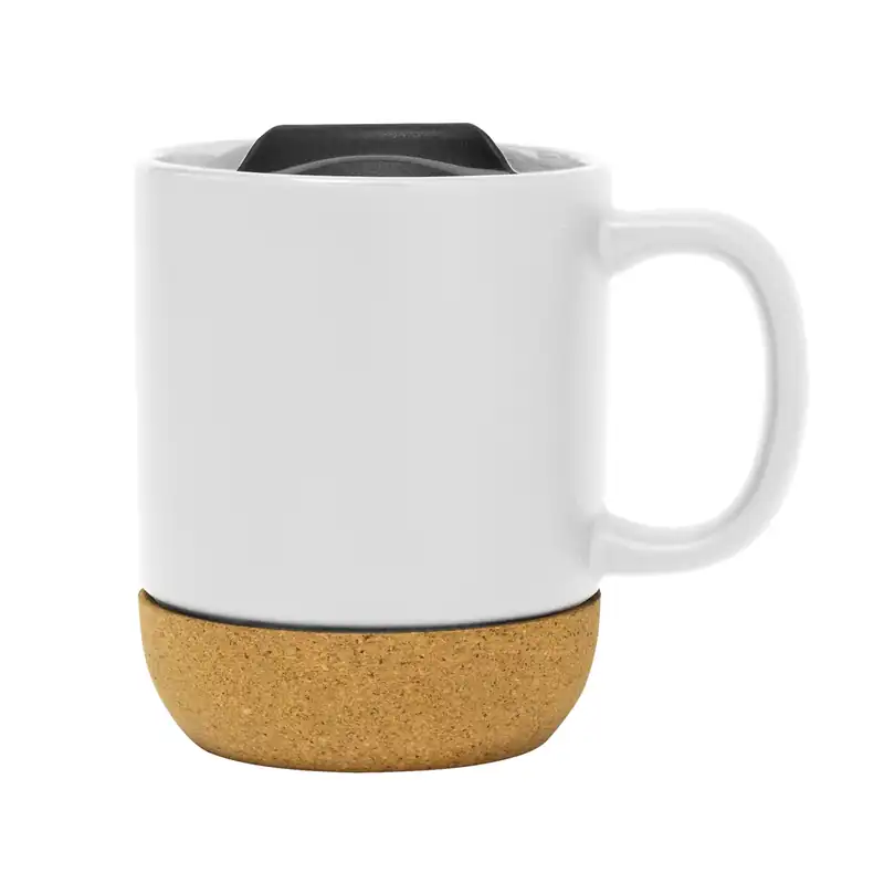 Taza sublimable blanca con tapa y base de corcho para personalizar con logo (3)