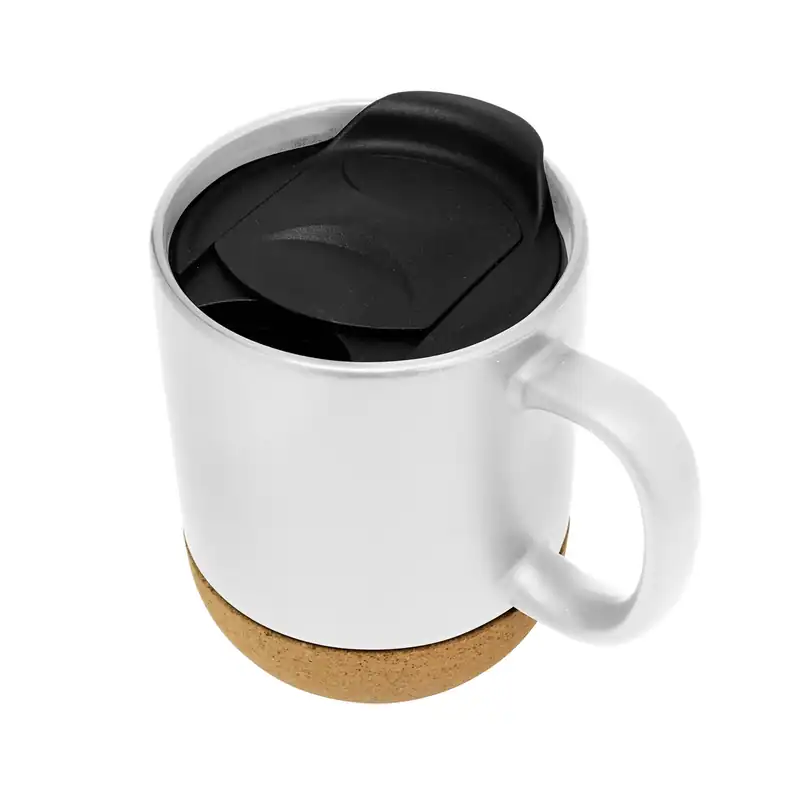 Taza sublimable blanca con tapa y base de corcho para personalizar con logo (4)
