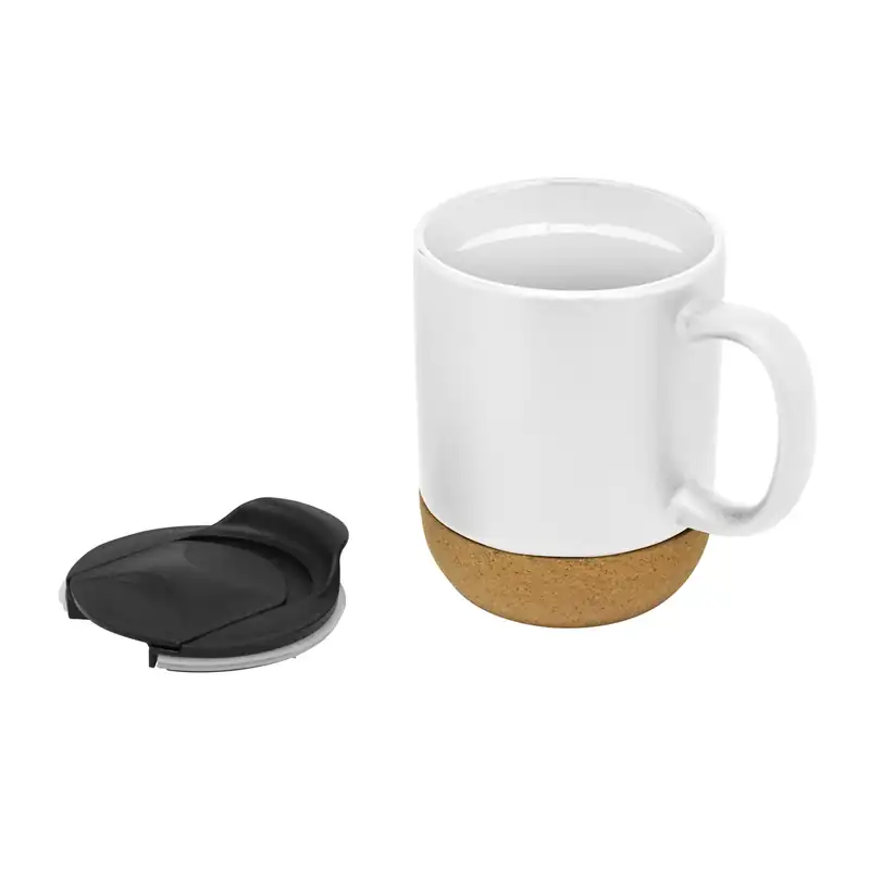Taza sublimable blanca con tapa y base de corcho para personalizar con logo (5)